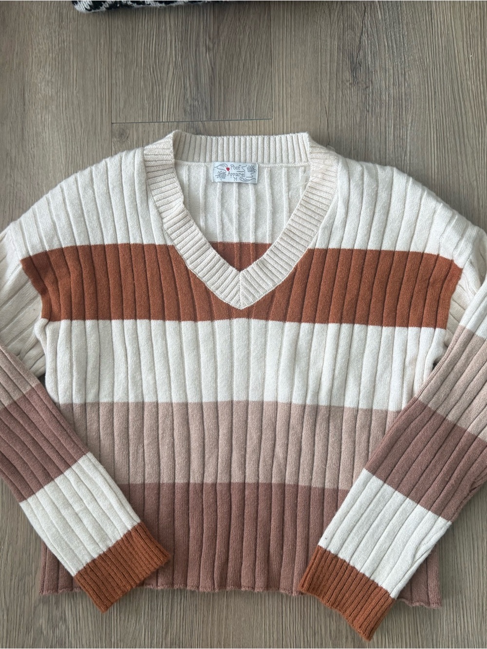Striped V-Neck Sweater in Cream, Rust & Taupe